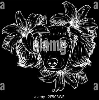 Silhouette blanche d'un chien d'Espagne dans une couronne à tête de fleur. Illustration vectorielle. Illustration de Vecteur