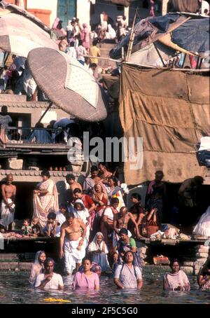 Les adorateurs du matin dans le Gange River, Varanasi, Inde Banque D'Images