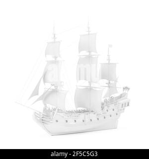 White Vintage Tall Sailing Ship, Caravel, Pirate Ship ou navire de guerre en Clay Render style sur un fond blanc. Rendu 3d Banque D'Images