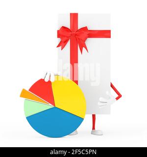 Coffret cadeau blanc et ruban rouge Mascot avec Info Graphics Business Pie Chart sur fond blanc. Rendu 3d Banque D'Images