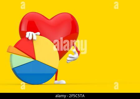 Mascotte de personnage de coeur rouge avec Info Graphics Business Pie Chart sur fond jaune. Rendu 3d Banque D'Images
