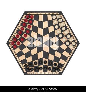 Trois joueurs échiquier hexagonal avec échecs sur fond blanc. Rendu 3d Banque D'Images