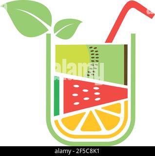 Icônes colorées d'un verre de jus de fruits frais, de kiwi, de pastèque et d'orange Illustration de Vecteur