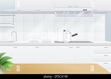 illustration 3d d'une table en bois sur fond de cuisine avec poêle Illustration de Vecteur