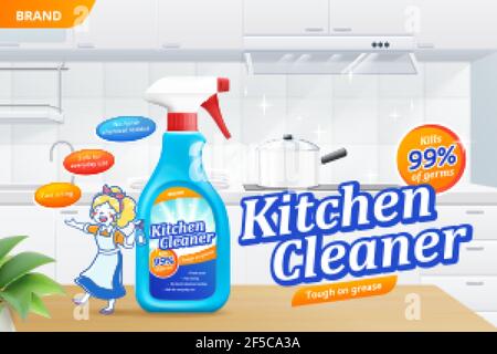 Modèle d'annonce de spray de nettoyage de cuisine, bouteille de spray réaliste avec femme de dessin animé sur table, illustration 3d. Bouteille de nettoyant de surface dans la cuisine maison. Illustration de Vecteur