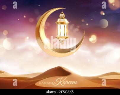Magnifique coucher de soleil dans le désert avec lune en métal et décoration lanterne. 3d Islamic Holiday Celebration fond approprié pour le Ramadan, Eid al-Fitr or Illustration de Vecteur