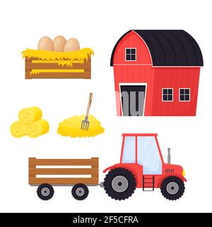 Ferme avec tracteur, pile de foin avec fourche, boîte en bois avec œufs et bâtiment rouge de style dessin animé isolé sur fond blanc vecteur illu Illustration de Vecteur