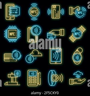 Icônes de la technologie NFC définies. Ensemble de contours de la technologie nfc icônes vectorielles couleur néon sur noir Illustration de Vecteur