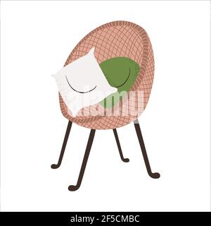 Confortable fauteuil en osier avec oreillers de style scandinave. Elément vectoriel intérieur de salon isolé sur fond blanc. Vert osier ch Illustration de Vecteur