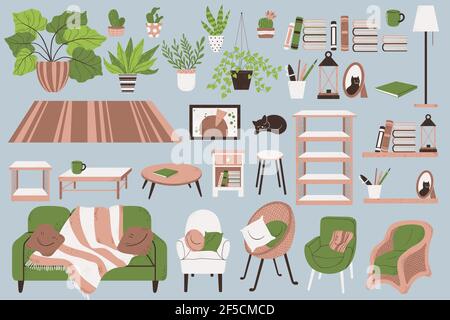 Ensemble de salon Vector avec mobilier élégant et confortable et décoration moderne dans un style scandinave tendance. Ensemble d'illustrations vectorielles de dessins animés à plat o Illustration de Vecteur