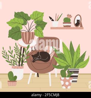 Intérieur confortable de la salle de séjour dans le style de dessin animé scandinave. Concept séjour à la maison. Design d'une chambre confortable avec maison, chaise, chat et décor dans l'appartement Illustration de Vecteur