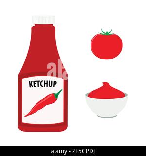 Ketchup de tomate avec une bouteille de piment fort, tomates rouges entières et bol avec sauce tomate. Illustration de Vecteur