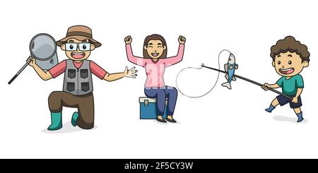 Papa, maman et enfant vont Camping et pêche. Caractère. Illustration du livre pour enfants. Illustration vectorielle Illustration de Vecteur