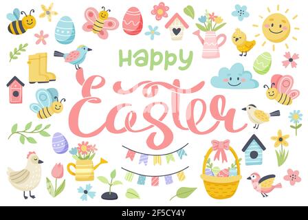 Joyeuses pâques avec des œufs, des oiseaux, des abeilles et des papillons. Illustration vectorielle mignonne dessinée à la main, modèle de carte Illustration de Vecteur
