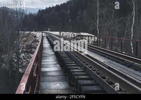 Pont ferroviaire entre les montagnes enneigées. Voyages. Transport. Banque D'Images