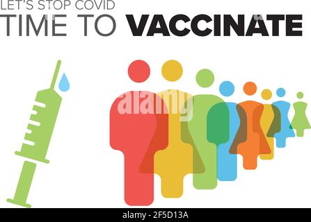 Il est temps de vacciner la mise en page du modèle de circulaire avec injection avec le vaccin et les personnes pour la vaccination. Fond blanc affiche de vaccination circulaire banne Illustration de Vecteur