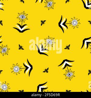 Résumé graine de pissenlit et abeilles miel sans couture vecteur motif arrière-plan.stylisé art populaire fleurs herbacées et insectes jaune blanc noir toile de fond Illustration de Vecteur