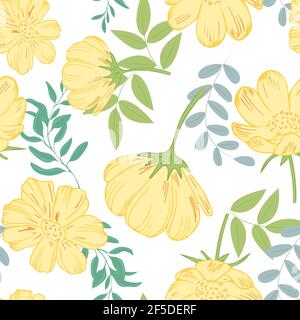 Fond sans couture avec fleurs et feuilles jaunes. Un motif continu répété avec des fleurs de printemps vibrantes. Vecteur. Illustration de Vecteur