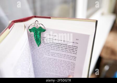 Broche verte sur le livre Seigneur des anneaux. Les feuilles de Lorien étaient des broches données par Galadriel aux membres de la Fellowship de l'anneau à la fin Banque D'Images