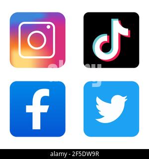 VINNITSA, UKRAINE - 25 mars 2021. Icônes des réseaux sociaux Instagram, Facebook, Tik Tok, Twitter Illustration de Vecteur