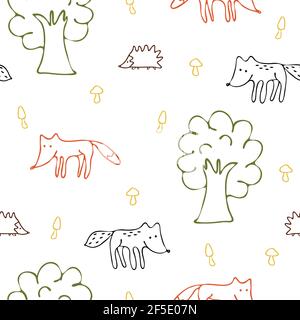 Patter vectoriel sans couture avec animaux forestiers sur fond blanc. Papier peint pour enfants avec renard simple, loup, hérisson et champignons. Illustration de Vecteur