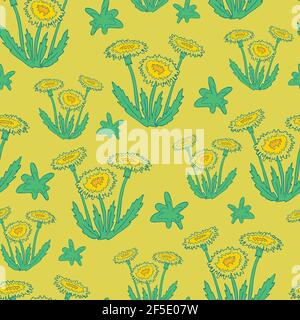 Motif vectoriel transparent avec pissenlits sur fond jaune. Papier peint fleuri simple. Textile de mode prairie de fleurs. Illustration de Vecteur