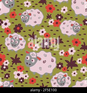 Motif vectoriel sans couture avec des moutons et des fleurs sur fond vert. Papier peint animal simple. Textile de mode de ferme dessiné à la main. Illustration de Vecteur