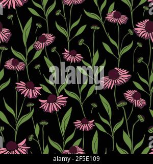 Motif vectoriel sans couture avec Marguerite rose sur fond noir. Répéter le papier peint avec des fleurs. Imprimé fleuri foncé. Illustration de Vecteur