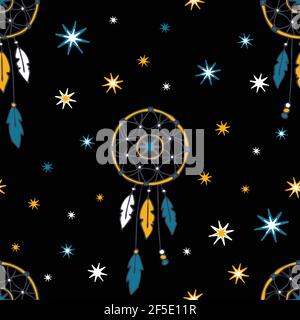 Motif vectoriel sans couture avec une image de rêve et des étoiles sur fond noir. Spiritualité gitane papier peint conception. Textile de mode hippy. Illustration de Vecteur