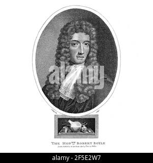 Robert Boyle FRS (25 janvier 1627 – 31 décembre 1691) est un philosophe, chimiste, physicien et inventeur anglo-irlandais. Boyle est largement considéré aujourd'hui comme le premier chimiste moderne, et donc l'un des fondateurs de la chimie moderne, et l'un des pionniers de la méthode scientifique expérimentale moderne. Il est surtout connu pour la loi de Boyle, qui décrit la relation inversement proportionnelle entre la pression absolue et le volume d'un gaz, si la température est maintenue constante dans un système fermé. Parmi ses œuvres, le sceptique est considéré comme un livre de pierre angulaire dans le domaine de chem Banque D'Images