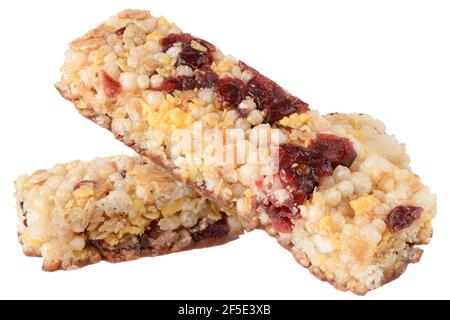 Barre de céréales complètes avec canneberges et riz soufflé. Banque D'Images