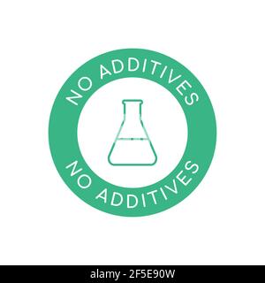 Étiquette sans additifs. Produit sans ingrédients artificiels. Tampon circulaire vert avec flacon de laboratoire. Signe d'absence d'additifs. Nourriture biologique naturelle Icon.Vector Illustration de Vecteur