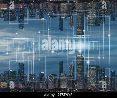 Technologie Internet of Thing sur la vue de dessus Chicago CityScape River Side, Etats-Unis, Architecture d'affaires et bâtiment avec concept touristique, te Banque D'Images