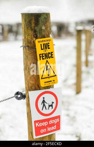 Panneaux d'avertissement d'une clôture électrique et pour contrôler les chiens sur le sentier des Chiltern Hills pendant la neige ; Westwood Manor Farm, Nettlebed, Oxfordshire, Royaume-Uni Banque D'Images