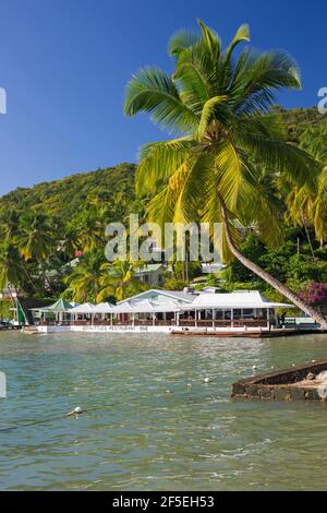 Marigot Bay, Castries, Sainte-Lucie. La mer des Caraïbes au large de la plage de LABAS, les cocotiers poussent sur la rive. Banque D'Images