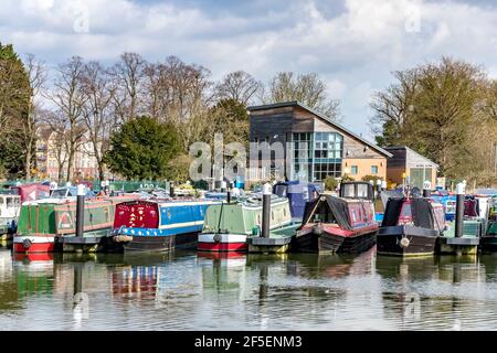 Des bateaux étroits amarrés à la marina au cours d'une chaude après-midi de printemps juste au large de la rivière Nene, à la périphérie de Northampton, Angleterre, Royaume-Uni. Banque D'Images