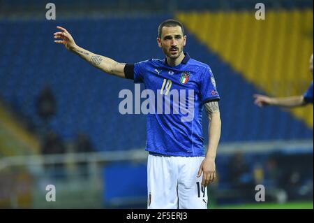 Parme, Italie. 25 mars 2021. Leonardo Bonucci de l'Italie en action pendant la coupe du monde de la FIFA 2022 Qatar qualifiant match entre l'Italie et l'Irlande du Nord le 25 mars 2021 au Stadio Ennio Tardini à Parme, Italie. (Photo de Roberto Ramaccia/INA photo Agency) crédit: SIPA USA/Alay Live News Banque D'Images