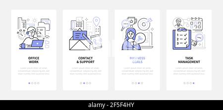 Flux de travail efficace - bannières Web modernes de style design de ligne avec espace de copie pour le texte. Planification et communication. Travaux de bureau, contact et support technique Illustration de Vecteur