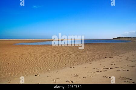 Une vue vers l'est le long de la large étendue de plage sur la côte nord de Norfolk à Burnham Overy, Norfolk, Angleterre, Royaume-Uni. Banque D'Images
