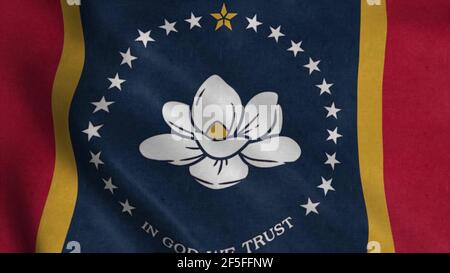 Nouveau drapeau de l'État du Mississippi, drapeau Magnolia. Drapeau agitant dans le vent. illustration 3d Banque D'Images