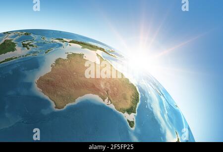 Soleil qui brille sur une vue détaillée de la planète Terre, concentrée sur l'Australie. Illustration 3D - éléments de cette image fournis par la NASA Banque D'Images