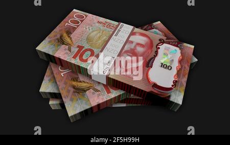 Illustration 3d du New Zealand Dollar Money Pack. 100 piles de billets de banque NZD. Concept de finance, de trésorerie, de crise économique, de réussite commerciale, de récession, Banque D'Images