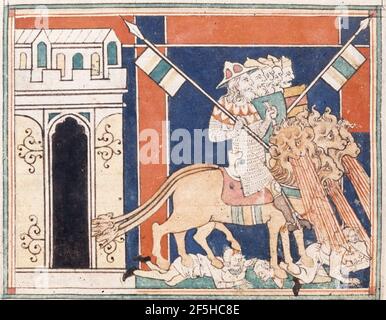 Queen Mary Apocalypse - BL Royal MS 19 B XV F. 16 v Horses respiratoires au feu. Banque D'Images