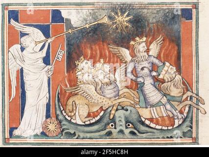 Queen Mary Apocalypse - BL Royal MS 19 B XV F. sauterelles 15 v. Banque D'Images