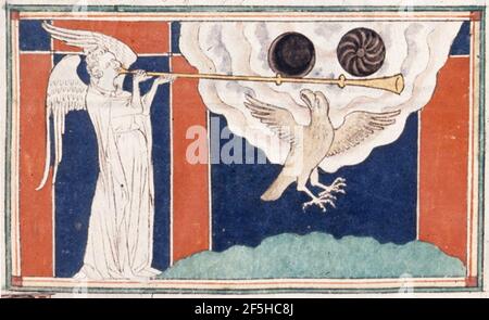 Queen Mary Apocalypse - BL Royal MS 19 B XV F. 15 quatrième trompette. Banque D'Images