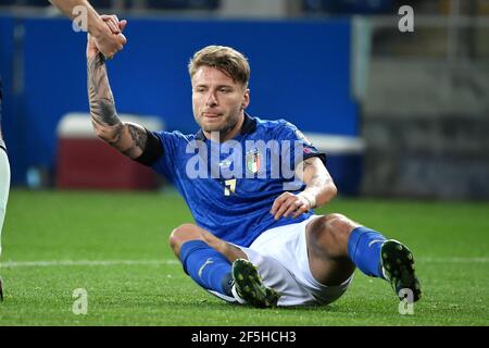 Parme, Italie. 25 mars 2021. Ciro immobile d'Italie réagit lors du match de qualification de la coupe du monde de la FIFA 2022 entre l'Italie et l'Irlande du Nord au stadio Ennio Tardini à Parme (Italie), le 25 mars 2021. Photo Andrea Staccioli/Insidefoto crédit: Insidefoto srl/Alamy Live News Banque D'Images