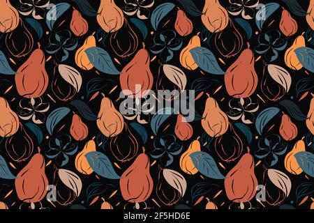 Poire vector sans couture motif, concept d'automne, dessin main dessin design, fleur, feuilles en orange, bleu, tidewater couleurs Illustration de Vecteur