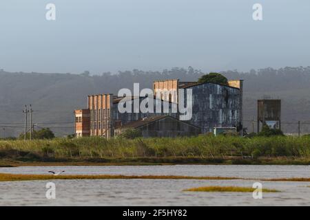 Bâtiment d'usine abandonné sur la rive de l'estuaire Banque D'Images