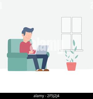 Travaillant à la maison, jeune travailleur indépendant travaillant sur ordinateur portable à la maison. Personne à domicile en quarantaine. Illustration d'une personne plane vectorielle. Illustration de Vecteur