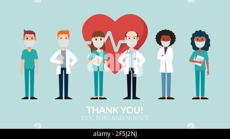 Merci médecins et infirmières portant un masque avec un coeur derrière travailler dans les hôpitaux et combattre COVID-19. Illustration vectorielle Illustration de Vecteur